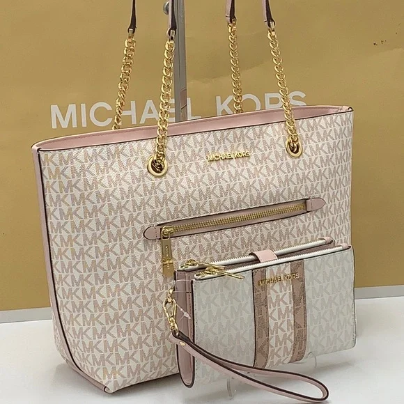 MICHAEL KORS Medium Zip Front Logo Chain Tote Bag & LARGE DOUBLE ZIP WRISTLET - Picture 11 of 16